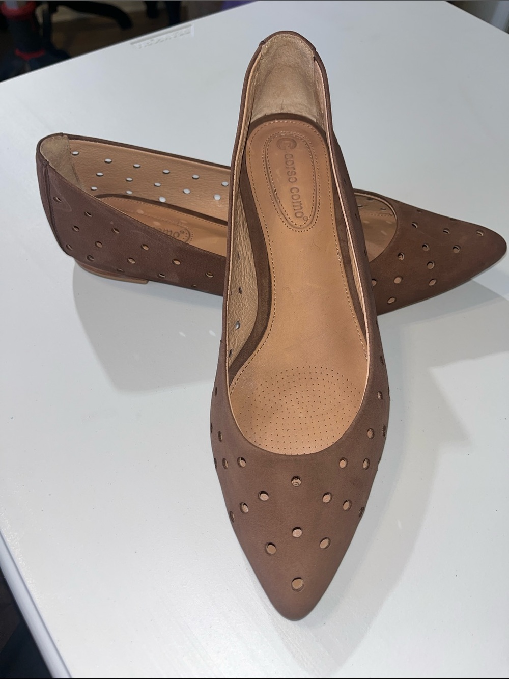 Corso Como Taupe Perforated Pointed-Toe Flats